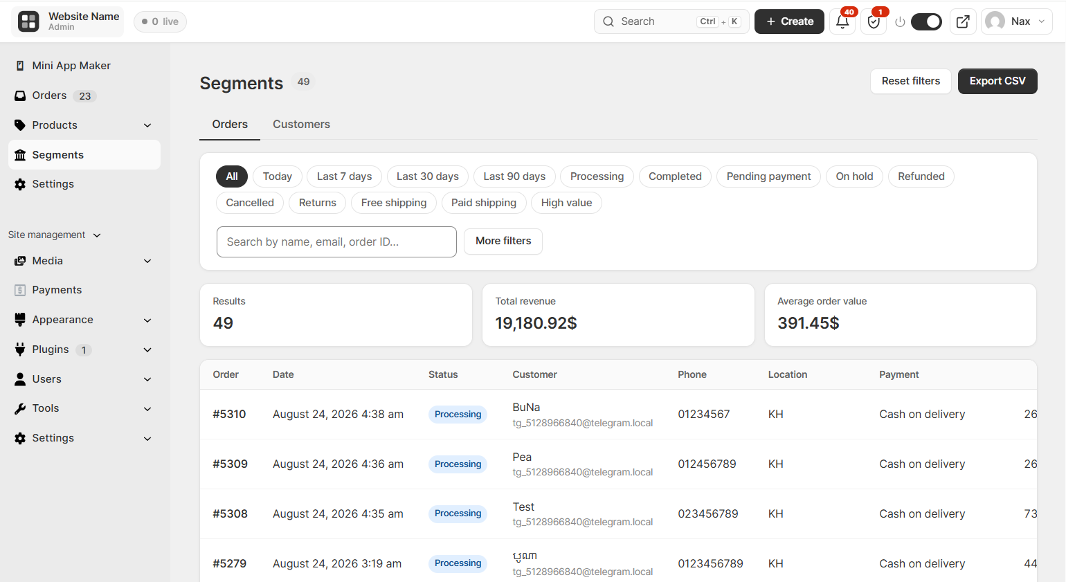 The simplified admin dashboard